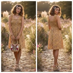 NWOT Unbranded XS Bohemian Hippie Coachella Cottagecore Smocked Sun Dress